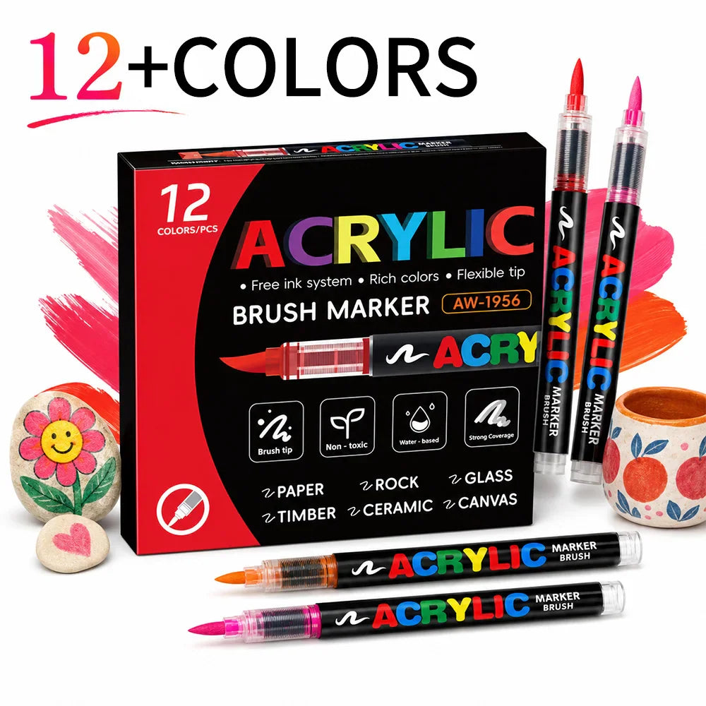 Set of 12 acrylic paint brush markers with packaging box and painted stones