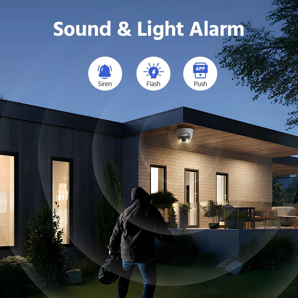Security dome camera detecting a person at night with sound and light alarm features enabled