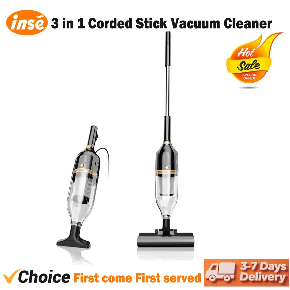 3-in-1 black corded stick vacuum cleaner showing upright and handheld configurations