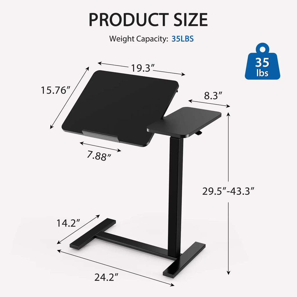 Diagram showing the dimensions of an adjustable black laptop table with tilt features.