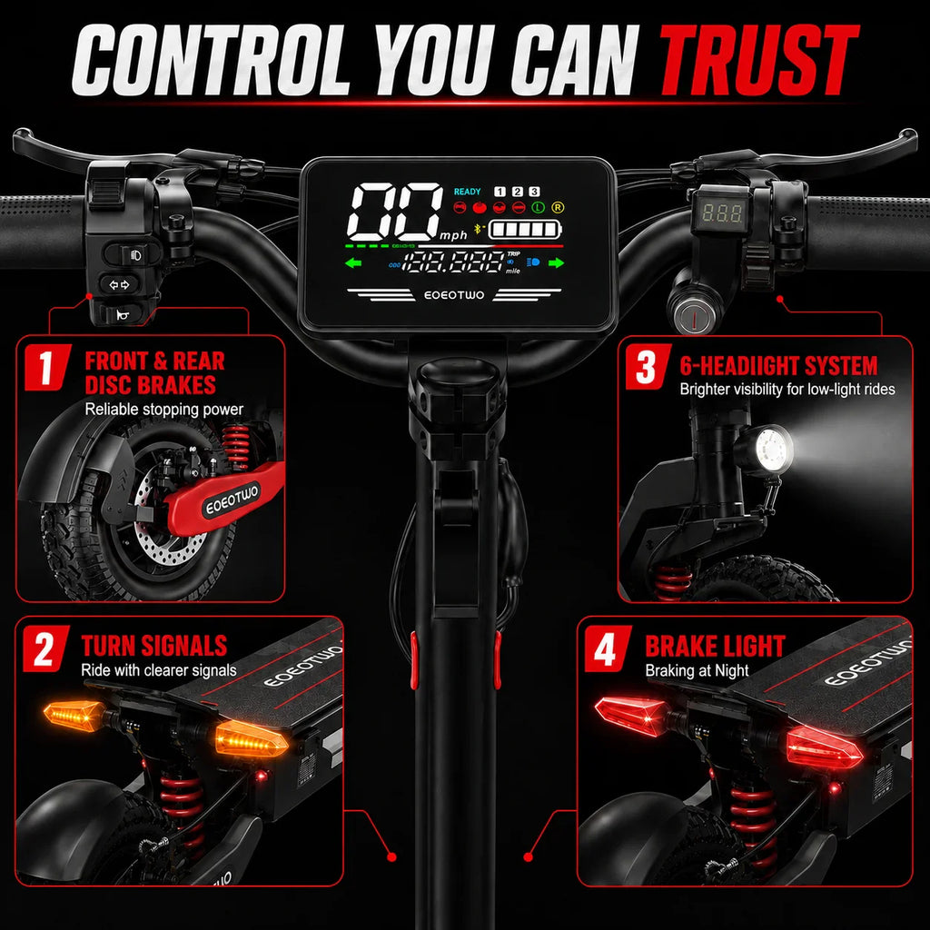 Electric scooter display features, disc brakes, lights, and turn signals