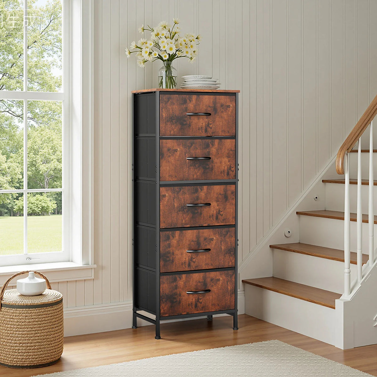 Tall 5-drawer storage unit with rustic brown finish and black frame standing near wooden stairs.
