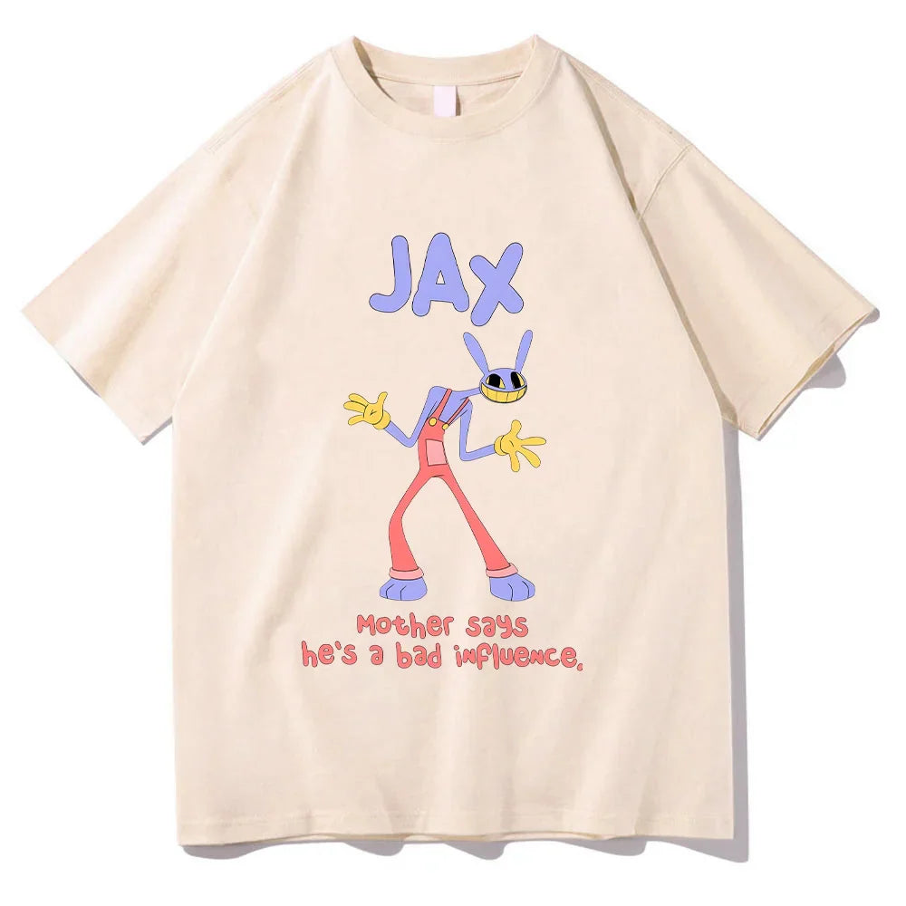 Beige short-sleeved cotton t-shirt with purple rabbit cartoon character graphic and text