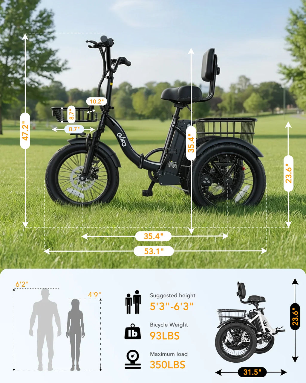 Technical dimension diagram of an electric tricycle with height and weight capacity information.