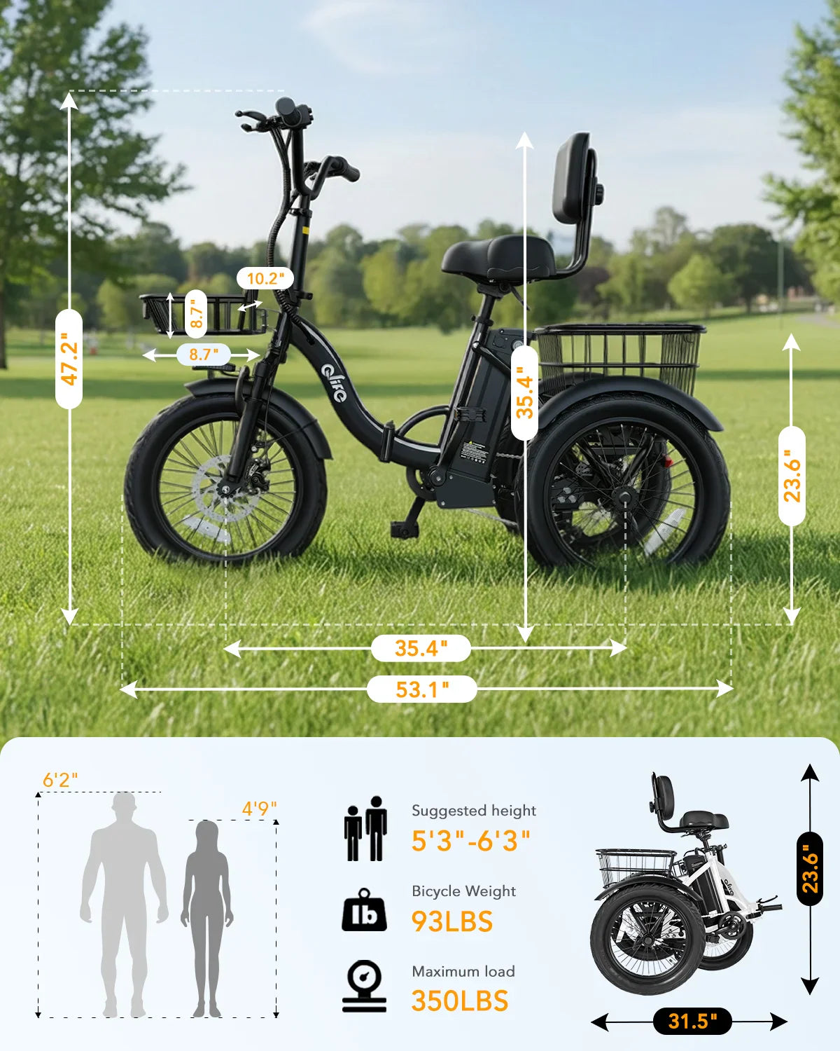 Technical dimension diagram of an electric tricycle with height and weight capacity information.