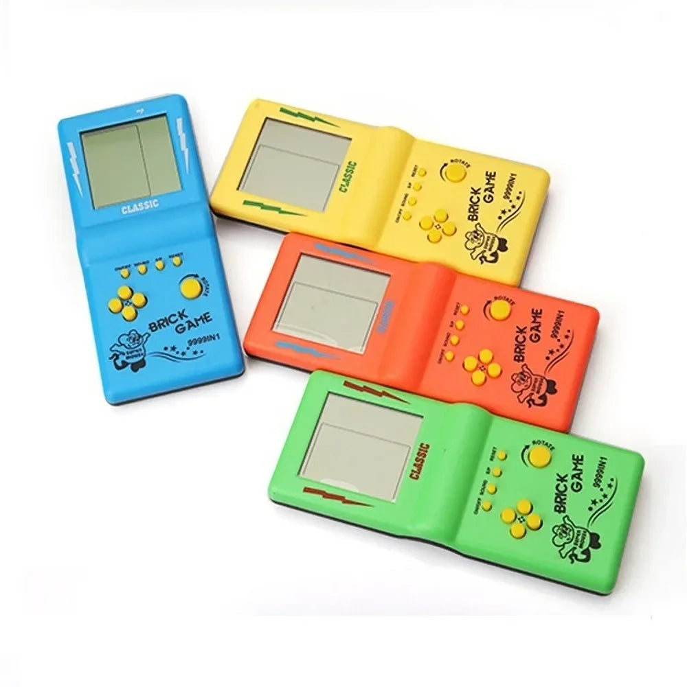 Four colorful handheld brick game consoles arranged in a group