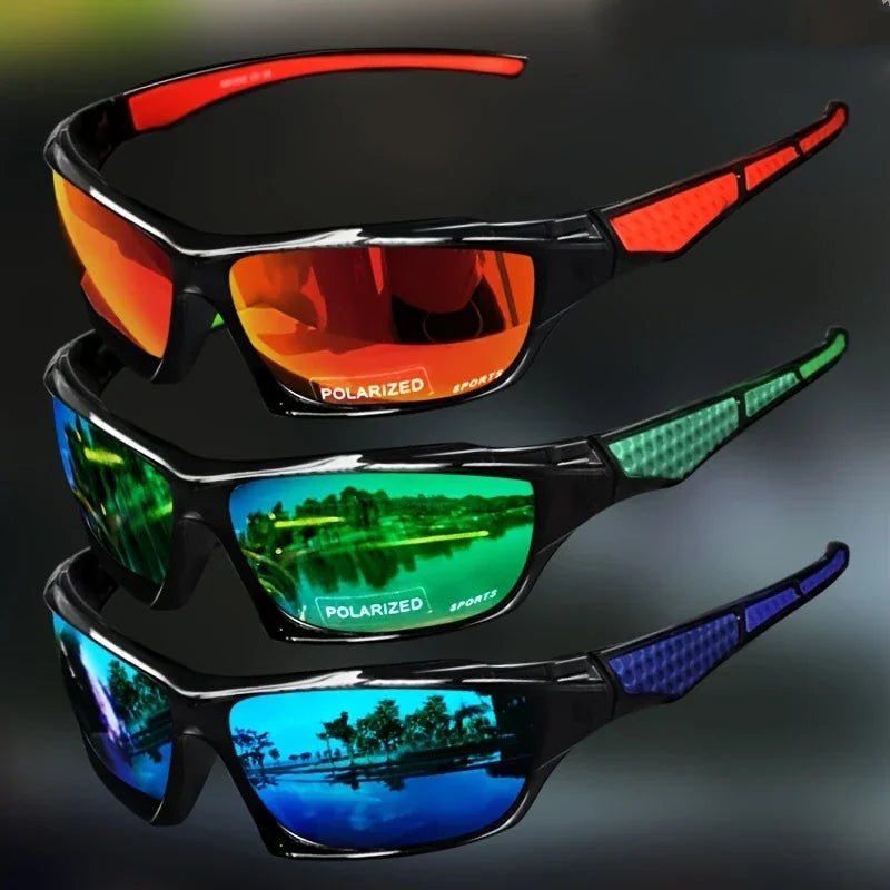 Three pairs of polarized sports sunglasses with red, green, and blue mirrored lenses on a dark background.