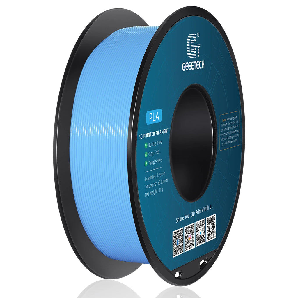 A 1kg spool of Geeetech 1.75mm PLA 3D printer filament in a solid plastic form. – view 2