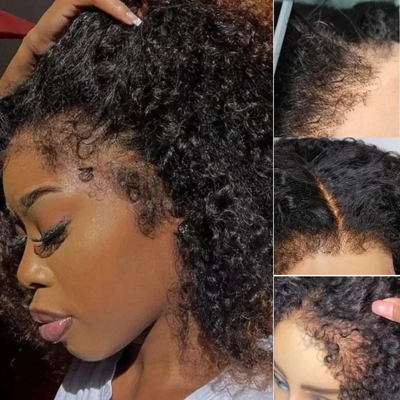Close up of hairline and lace details of a curly hair wig