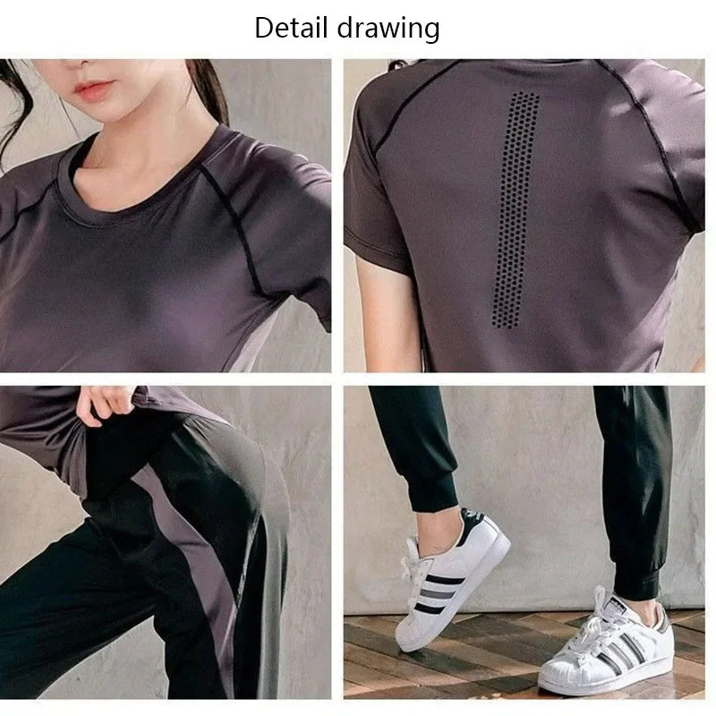 Details of purple athletic top and black sports pants