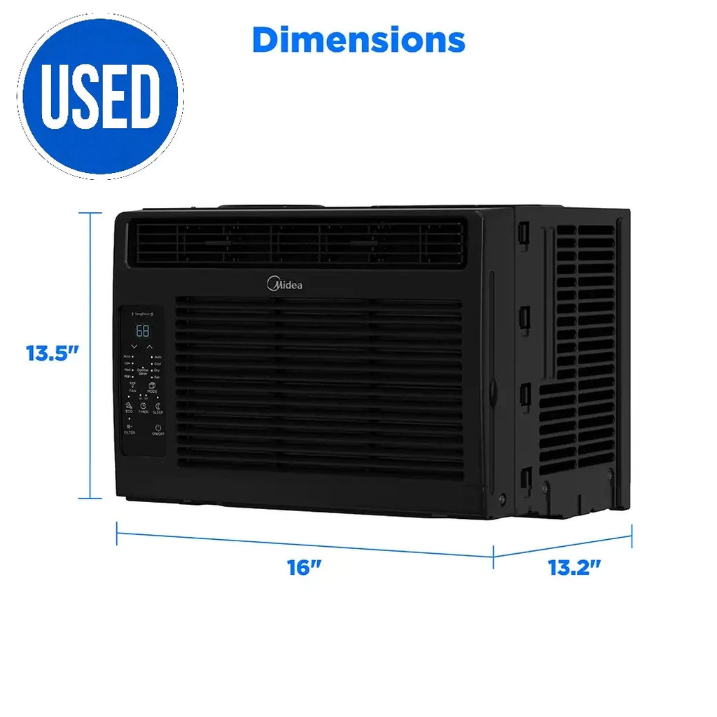 Black window air conditioner unit with dimensions shown