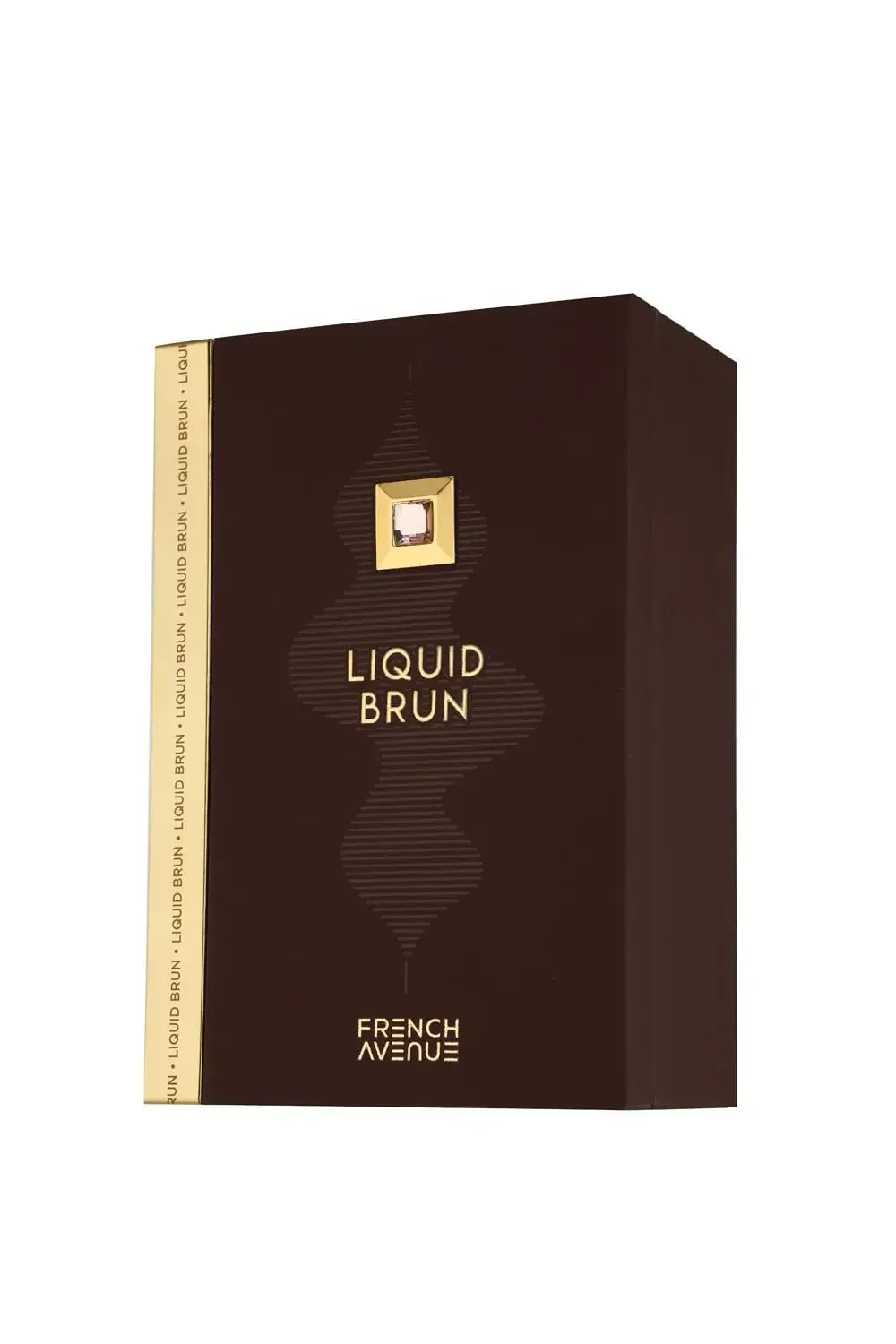 Rectangular dark brown perfume box with a gold decorative element