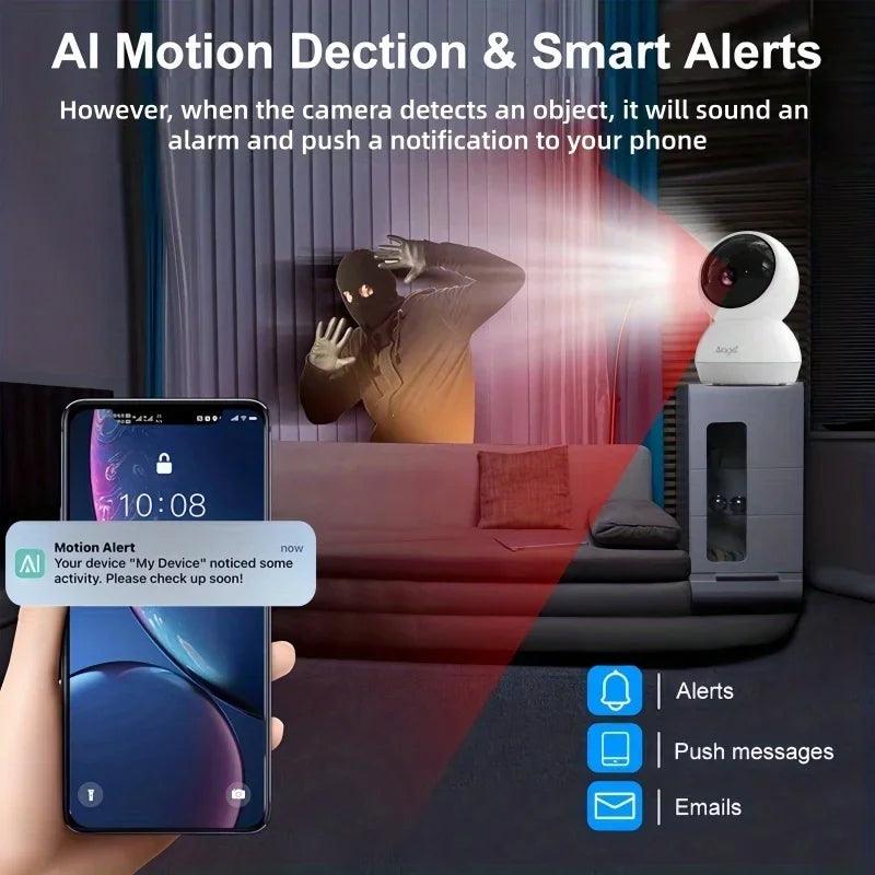 Indoor home security camera with AI motion detection and mobile alert notifications