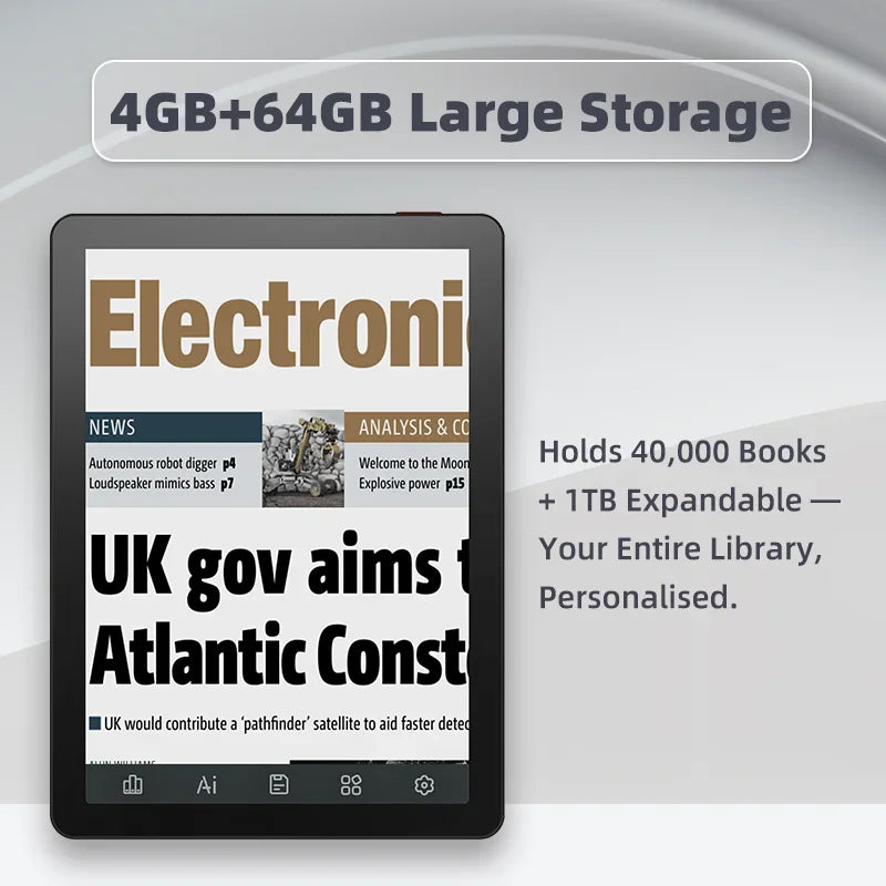 Electronic reader displaying news content with storage capacity information.