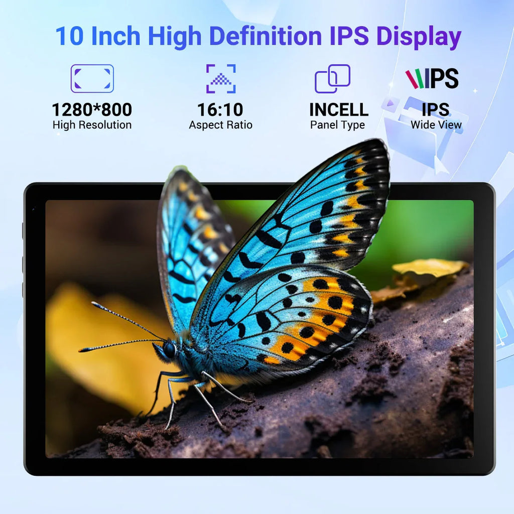 10-inch high definition IPS display tablet screen showing a butterfly image