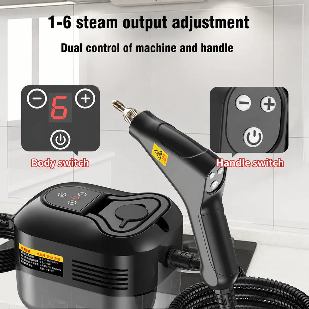 Handheld steam cleaner unit highlighting digital controls and dual switch operation