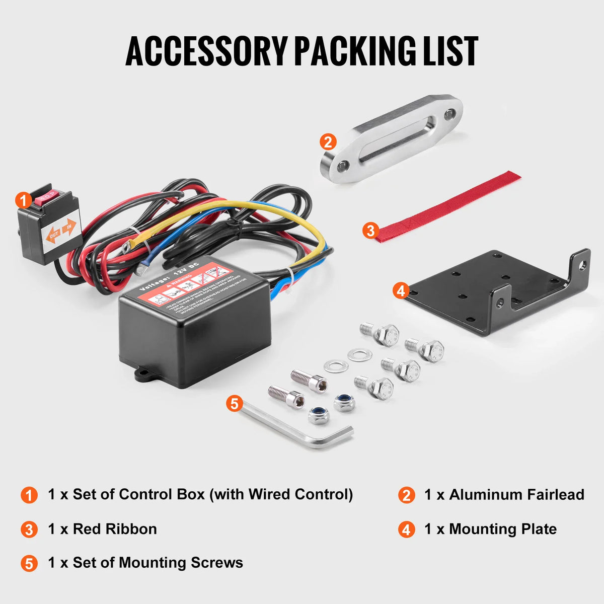 Packing list of components including control box, fairlead, mounting plate, and hardware for electric winch
