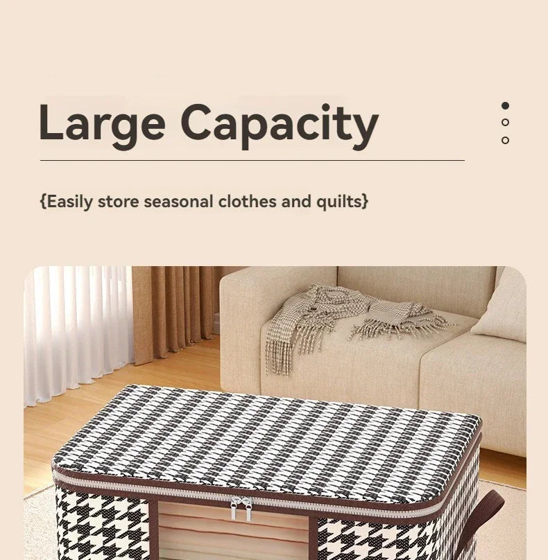 A black and white houndstooth patterned fabric storage box sitting in a living room area