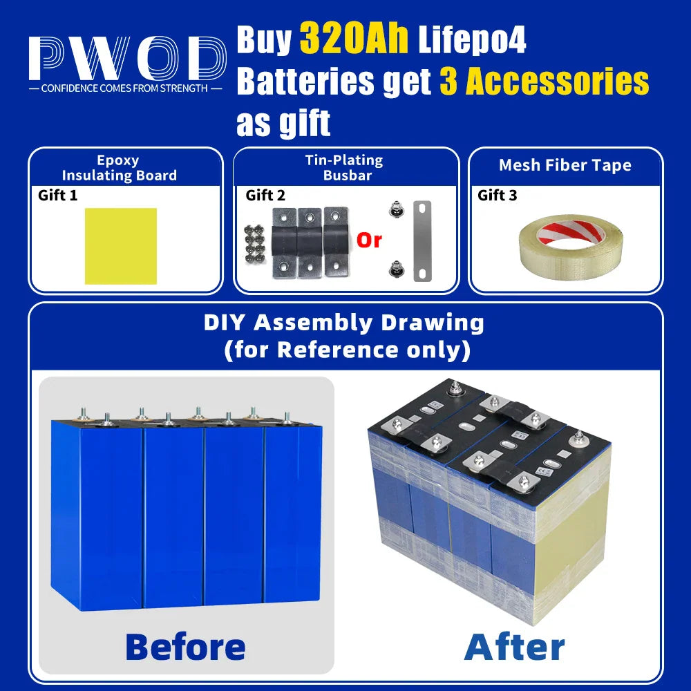 Battery assembly process showing cells before and after connection with accessories