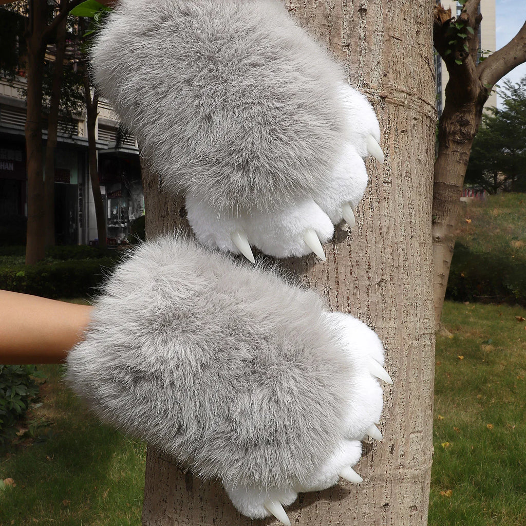 Pair of gray and white plush furry animal paw gloves with claws