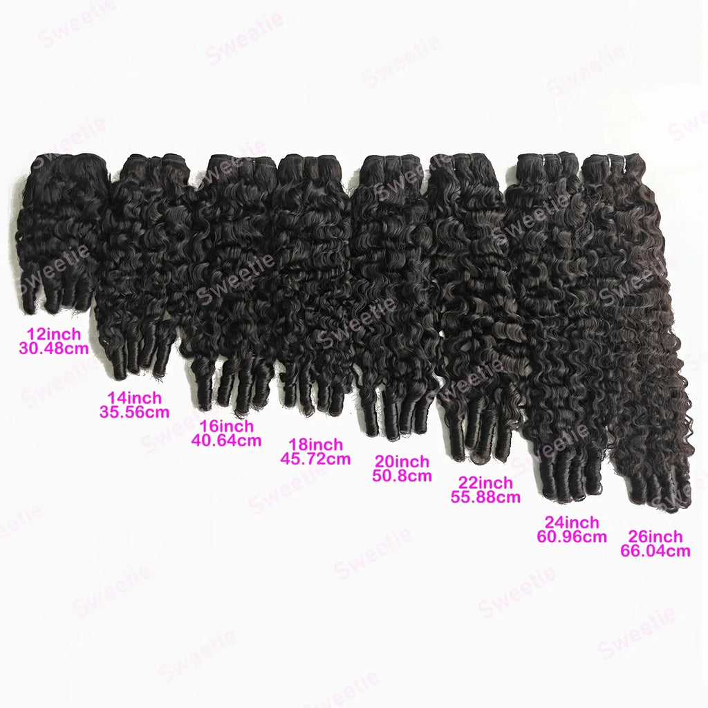 Multiple bundles of black curly hair extensions of different lengths