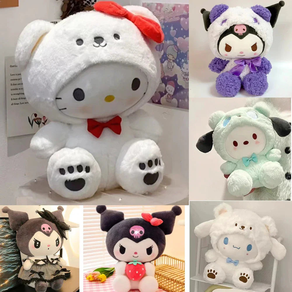 Collection of various plush toys featuring cartoon characters dressed in animal hoods.