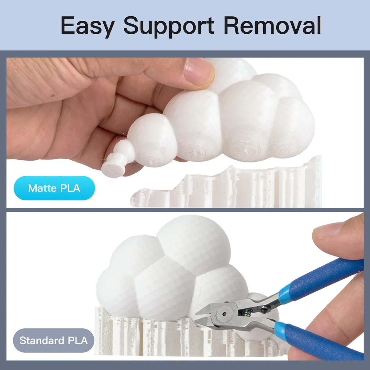 Hands demonstrating easy support removal from 3D printed cloud shapes with matte and standard PLA filament.