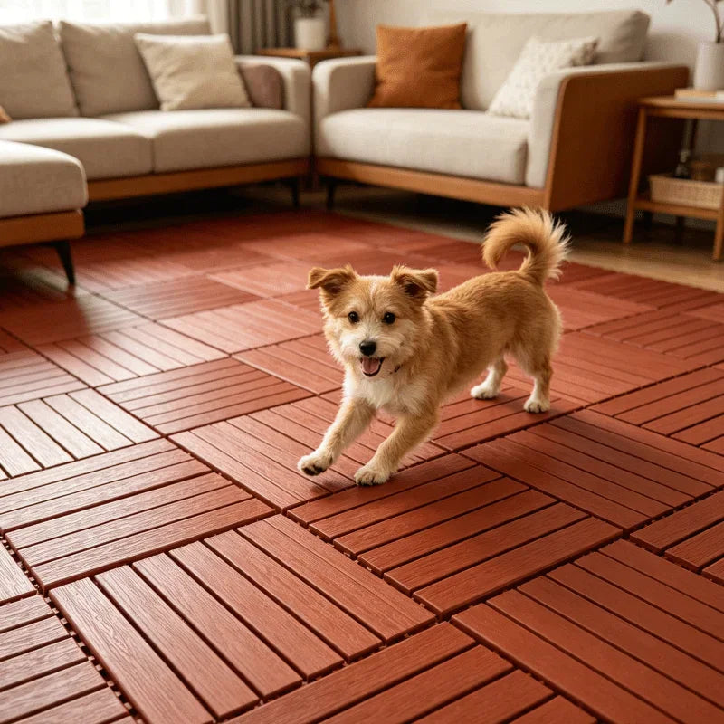Small brown dog standing on red interlocking plastic floor tiles in a living room