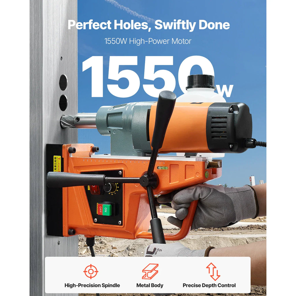 Magnetic drill press performing horizontal drilling on a metal beam, highlighting motor power.