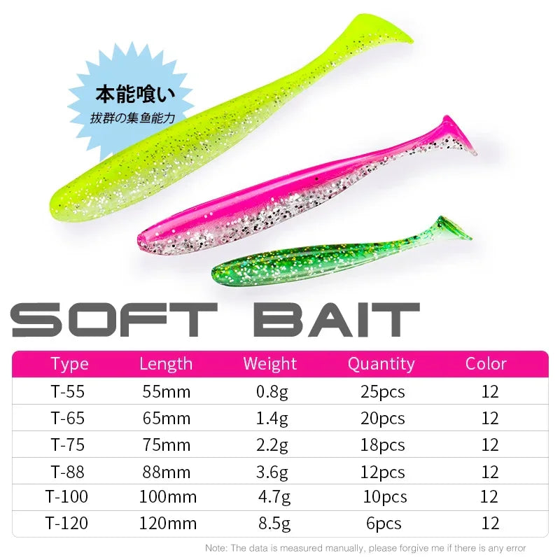 Selection of three T-tail soft plastic lures with a specifications table