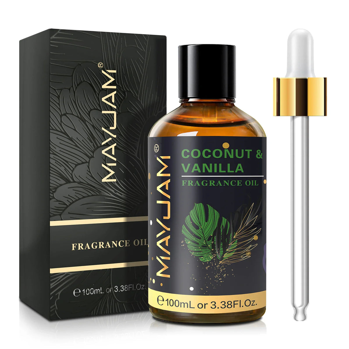 A bottle of Coconut and Vanilla fragrance oil next to its box and a dropper.