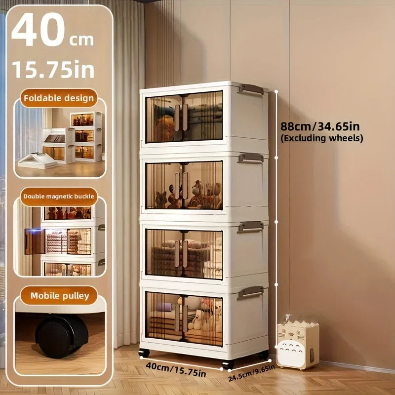 Four-tier stackable plastic storage cabinet with dimensions and feature labels