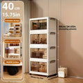 Four-tier stackable plastic storage cabinet with dimensions and feature labels