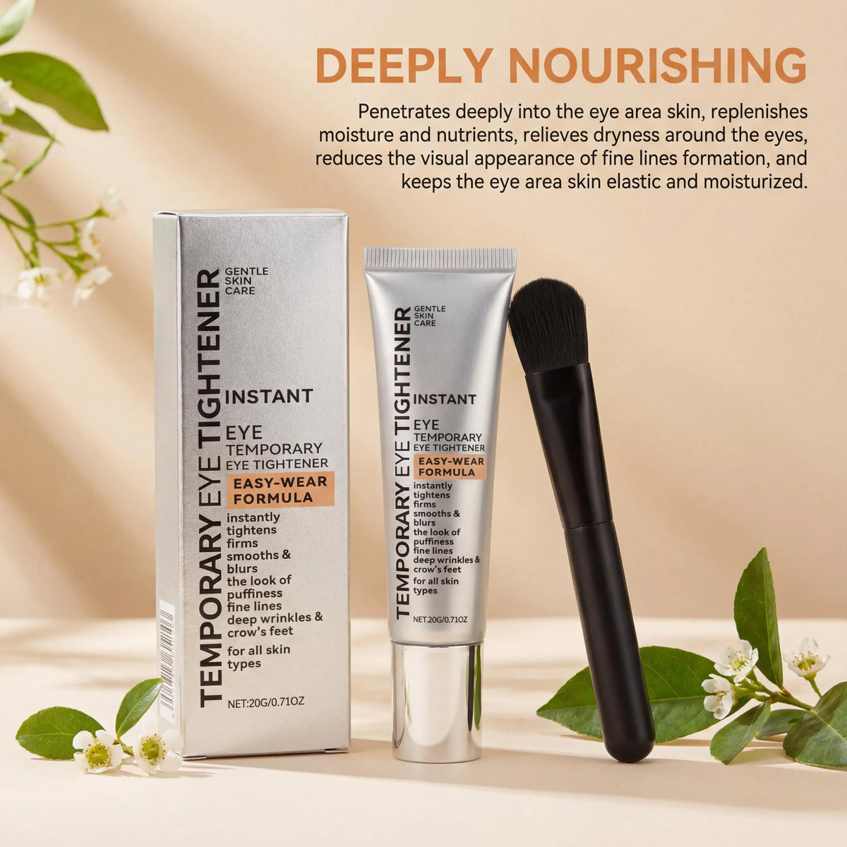 Tube of temporary eye tightening cream with brush and floral background