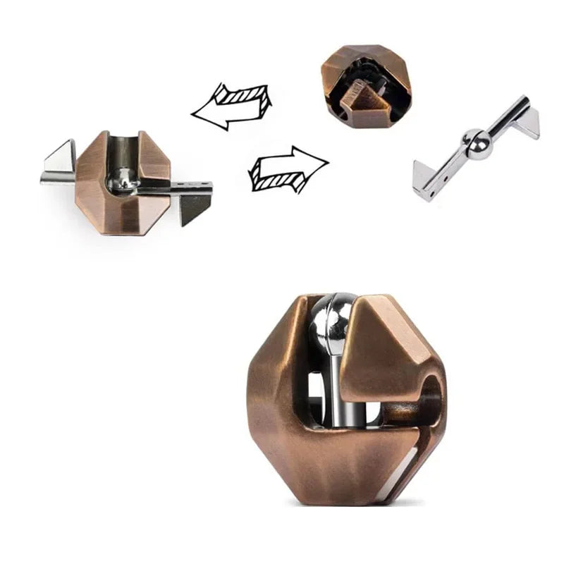 Complex metal mechanical puzzle with key-like center piece