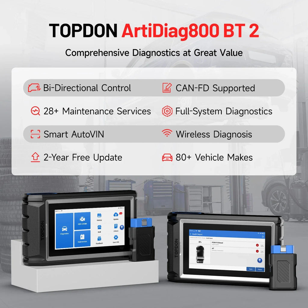 Automotive diagnostic tablet tool with technical specifications like bi-directional control and wireless connection