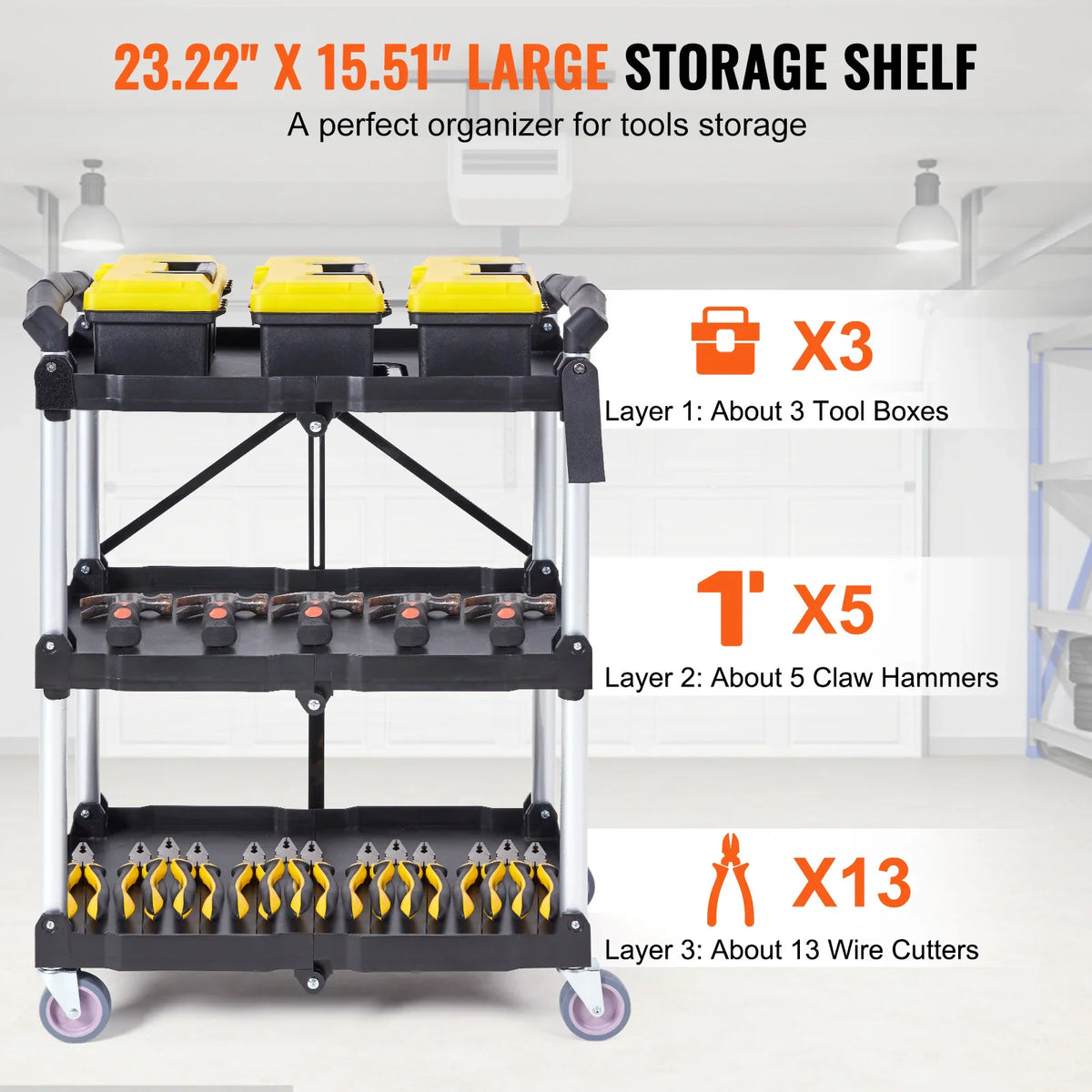 Black 3-tier rolling shelf cart stocked with various hand tools and toolboxes
