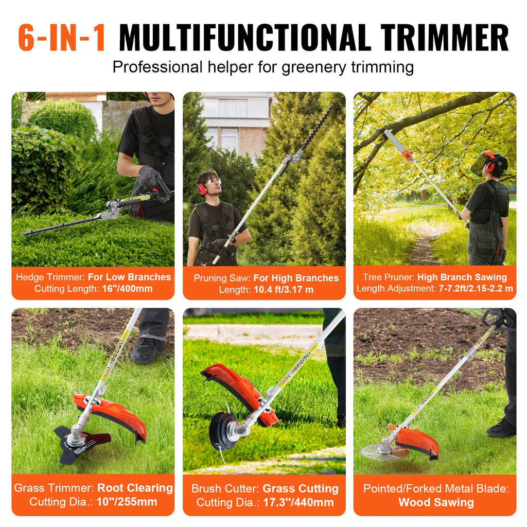 Overview of six different functions of the multi-tool including hedge trimming, pole sawing, and brush cutting