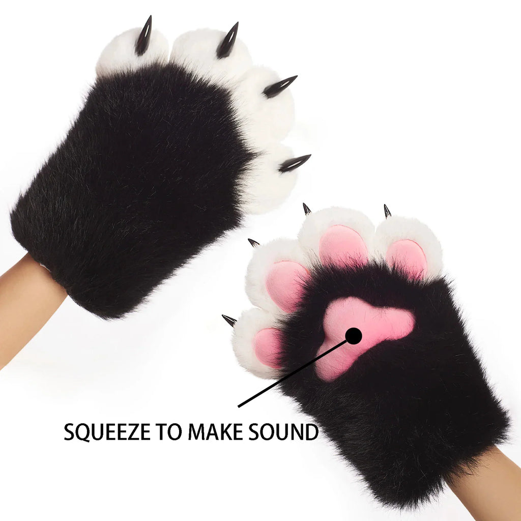 Black and white plush furry animal paw gloves with claws