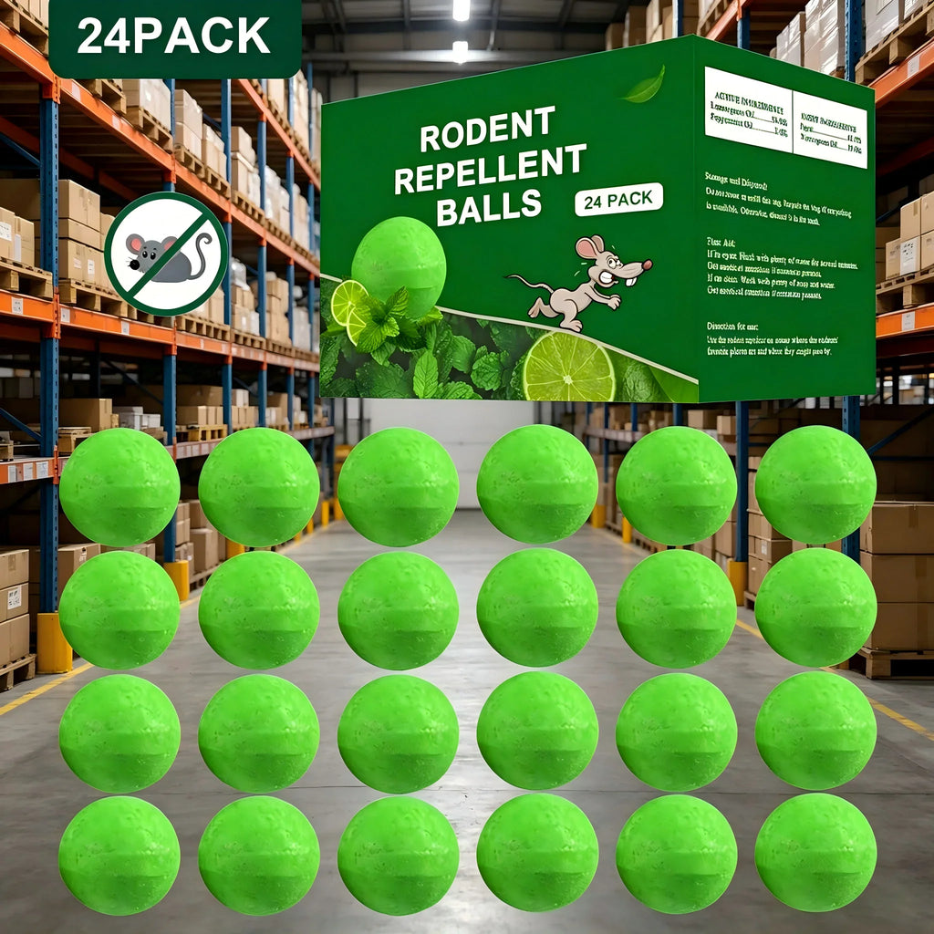24 pack of green rodent repellent balls in a warehouse setting