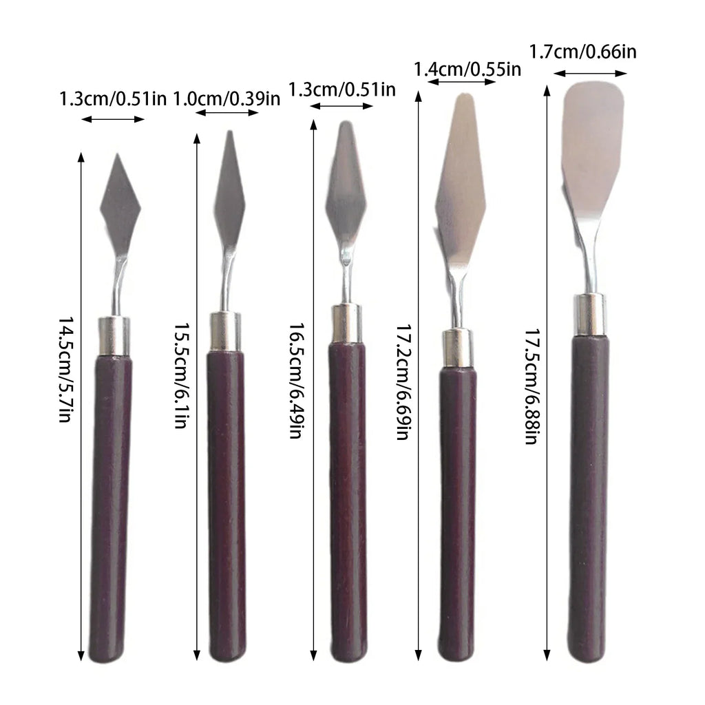 A set of five artist palette knives labeled with their dimensions in centimeters and inches