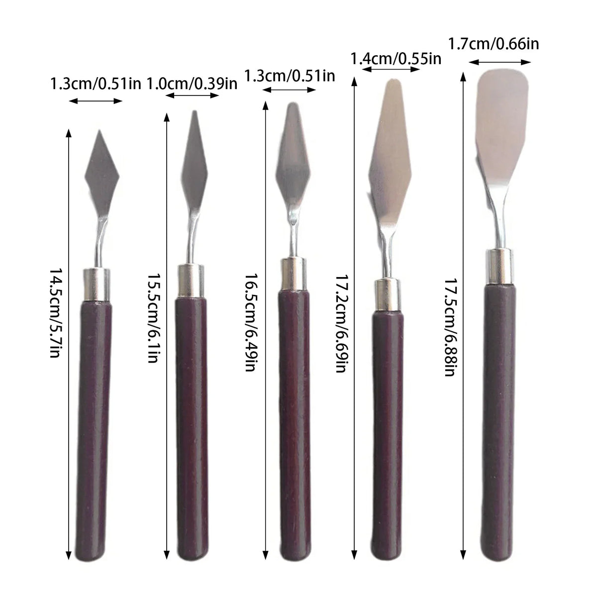 A set of five artist palette knives labeled with their dimensions in centimeters and inches