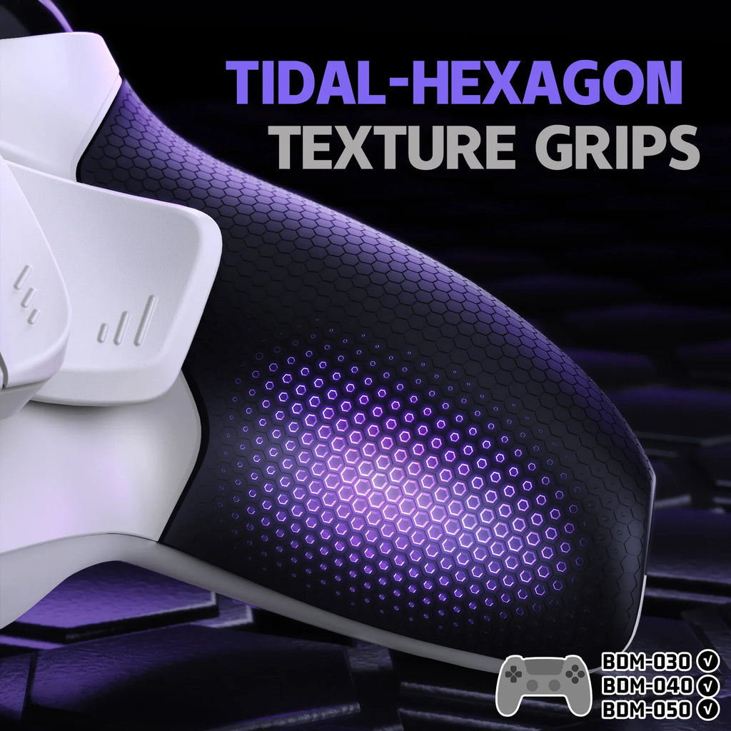 Close-up view of hexagonal textured grip pattern on the handle of a game controller.