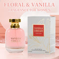 Vanilla Dream floral and vanilla eau de parfum for women in a glass bottle with gold cap next to its packaging box