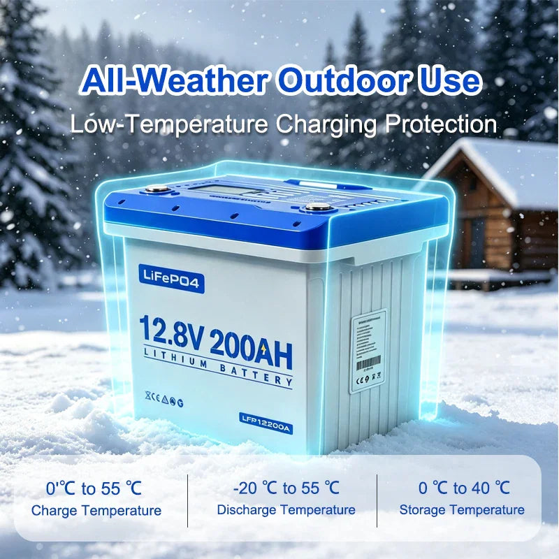 12.8V 200AH lithium battery in a snowy outdoor setting with temperature specification text