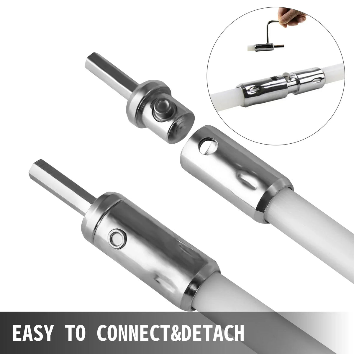 Close-up of metal rod connection system for chimney sweep drill attachment