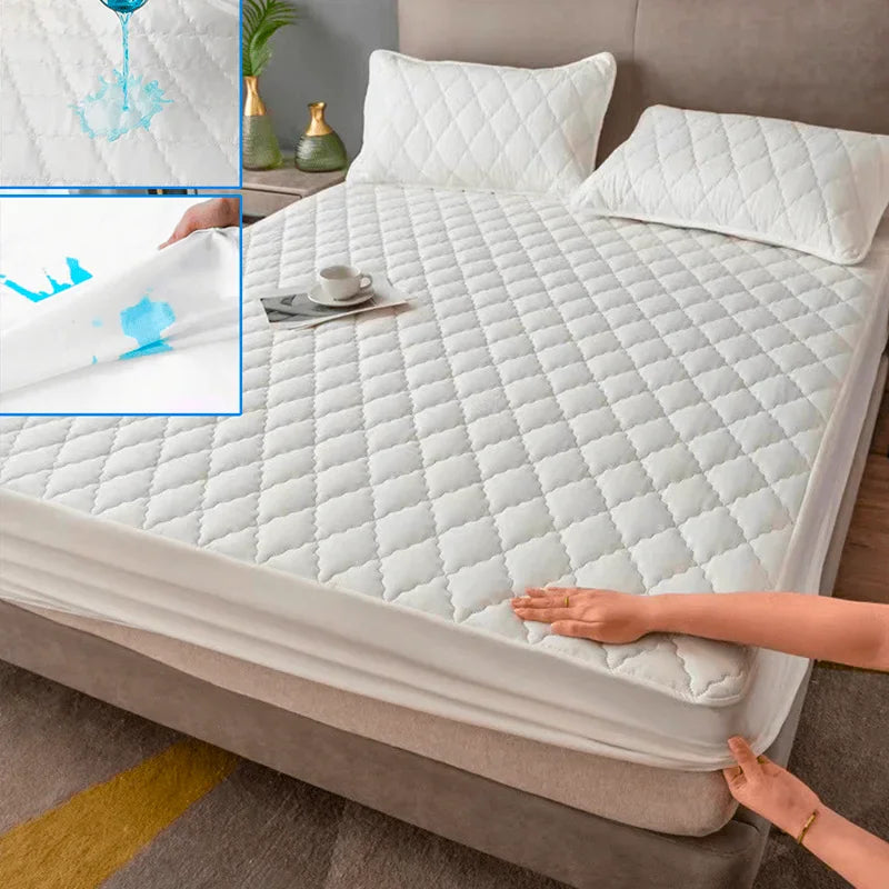 White quilted mattress protector on a bed with insets demonstrating waterproof properties