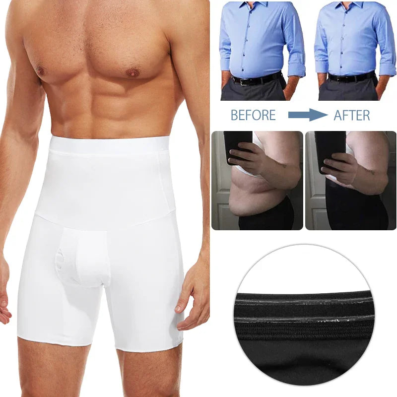 White high-waist compression shapewear shorts for men