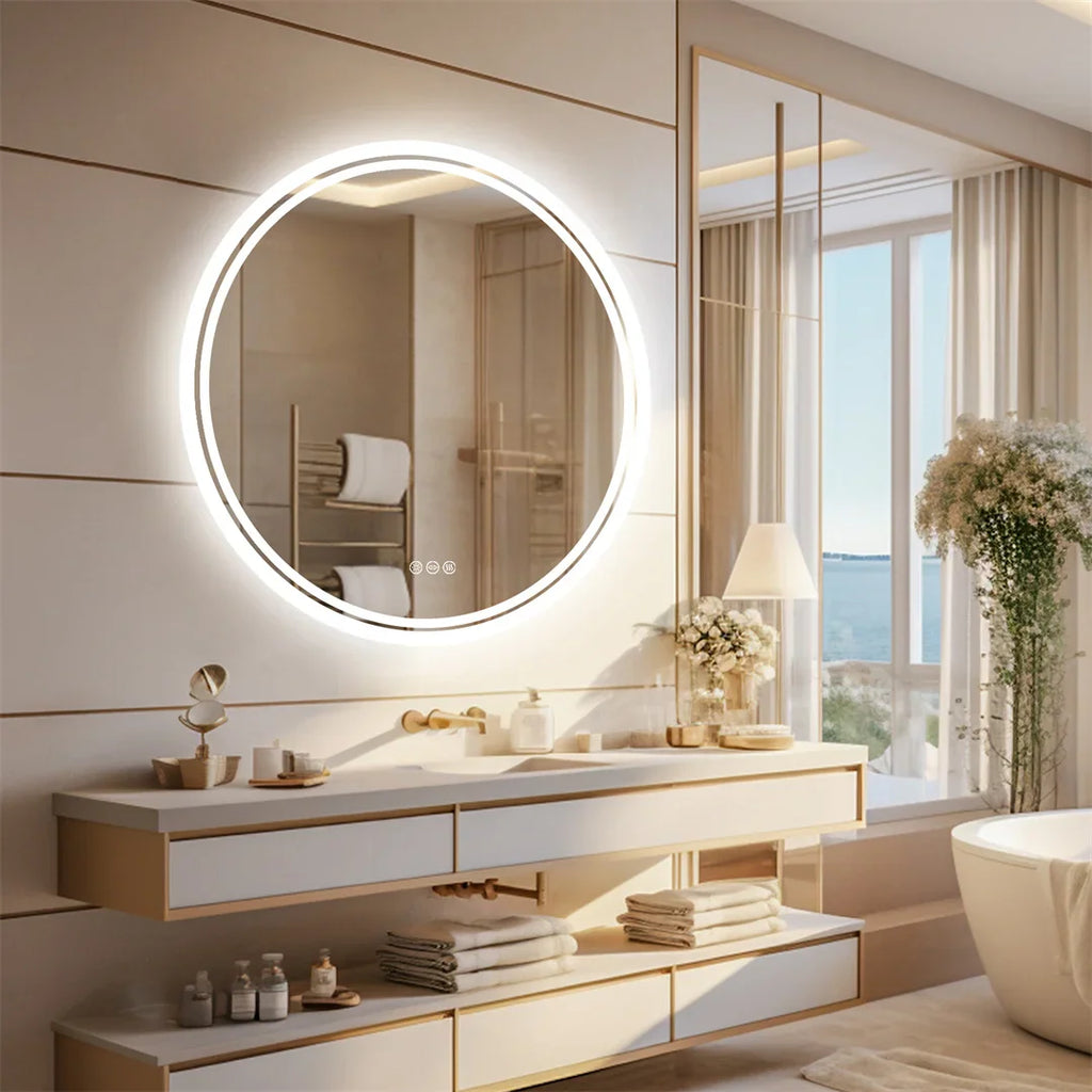 Round backlit LED mirror in a modern bathroom interior