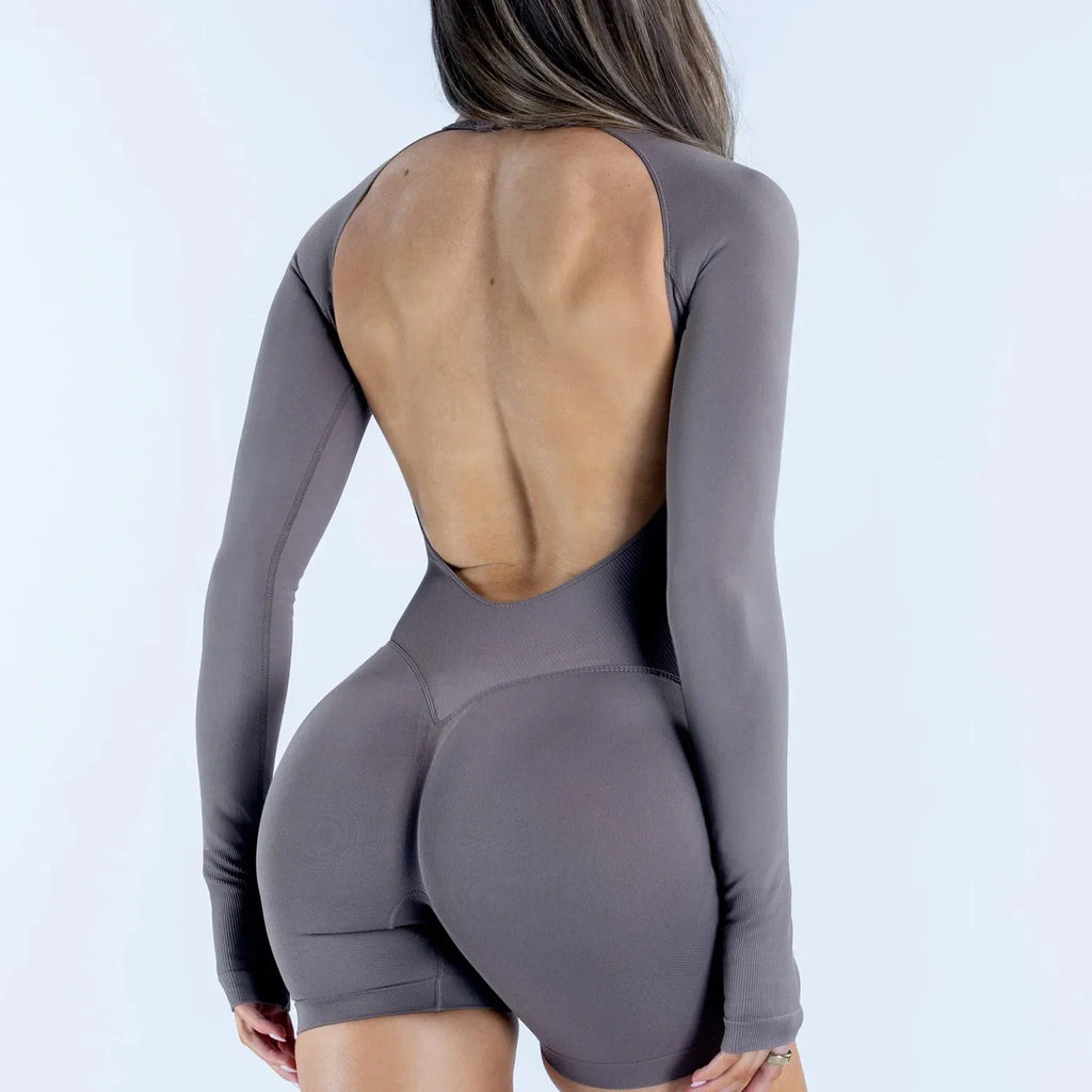 Grey long-sleeved open back seamless short jumpsuit for women